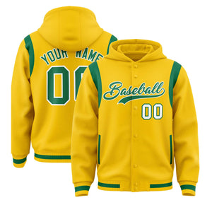 Custom Gold Kelly Green Varsity Full-Snap Letterman Shoulder Color Block Hoodie Jacket