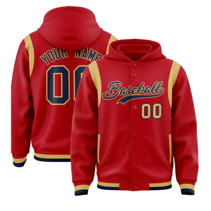 Custom Red Navy Varsity Full-Snap Letterman Shoulder Color Block Hoodie Jacket