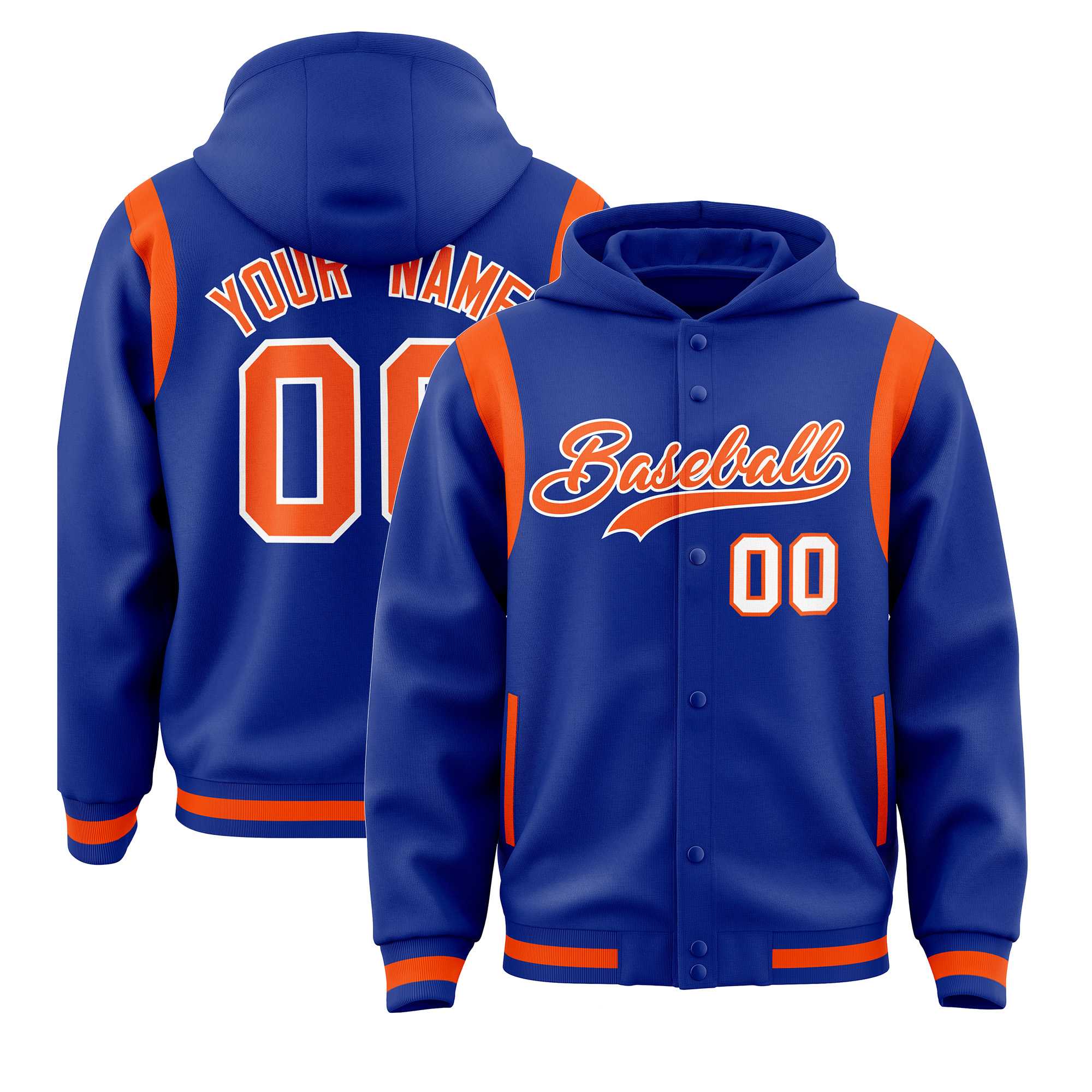 Custom Royal Orange Varsity Full-Snap Letterman Shoulder Color Block Hoodie Jacket