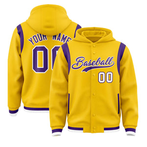 Custom Gold Purple Varsity Full-Snap Letterman Shoulder Color Block Hoodie Jacket