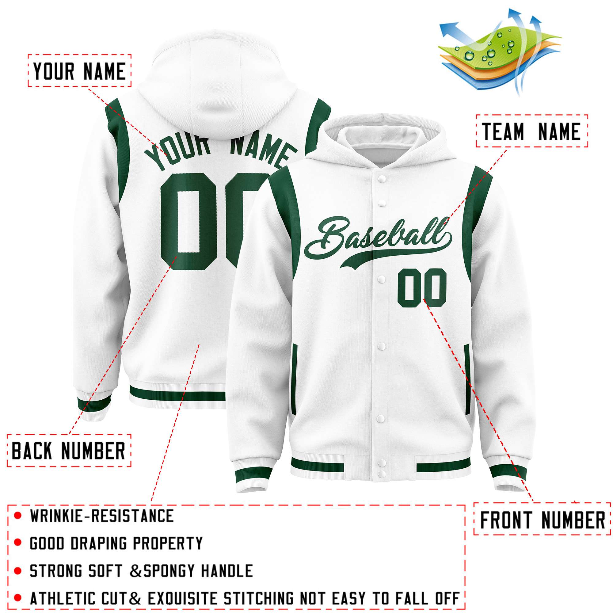 Custom White Green Varsity Full-Snap Letterman Shoulder Color Block Hoodie Jacket