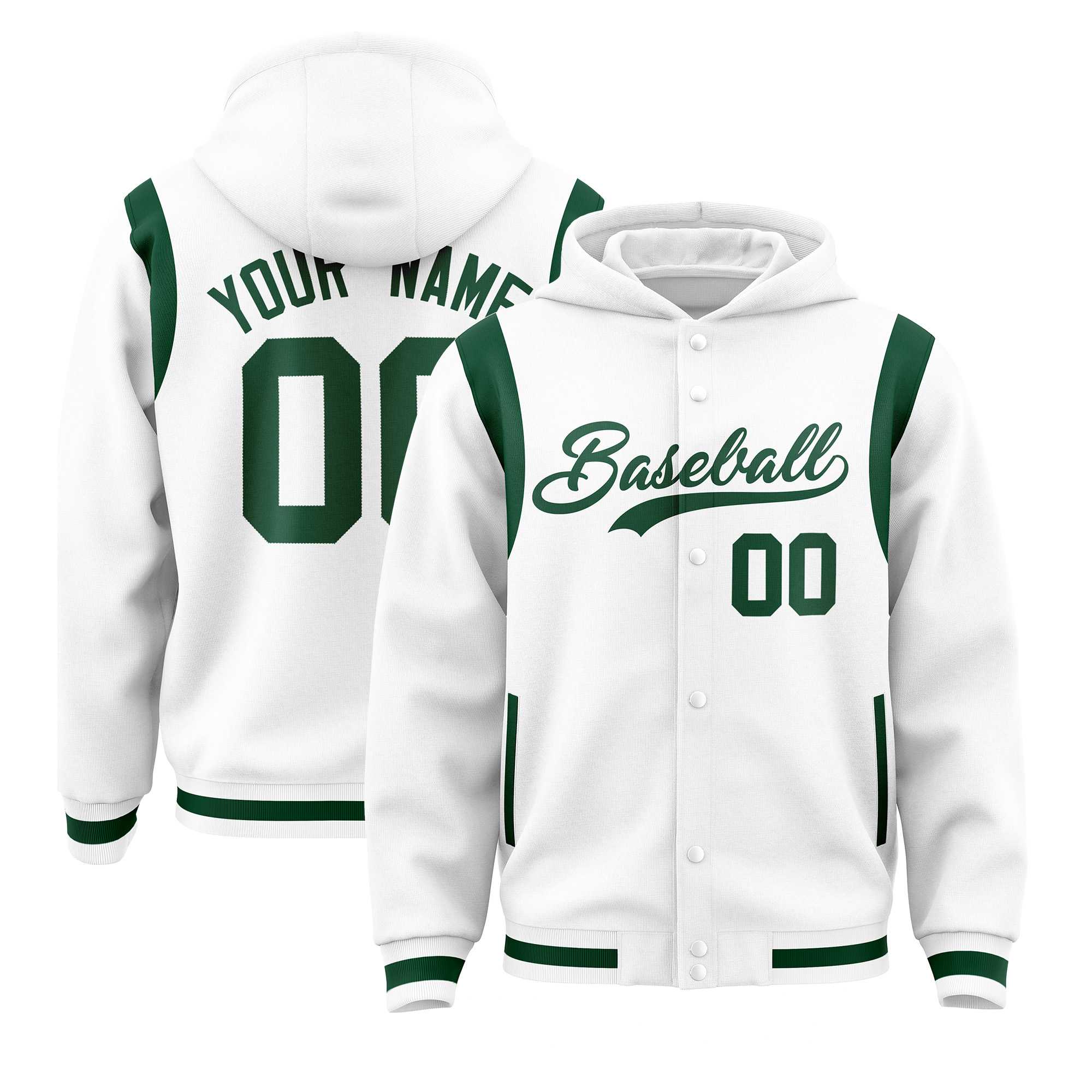 Custom White Green Varsity Full-Snap Letterman Shoulder Color Block Hoodie Jacket