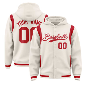 Custom Cream Red Varsity Full-Snap Letterman Shoulder Color Block Hoodie Jacket