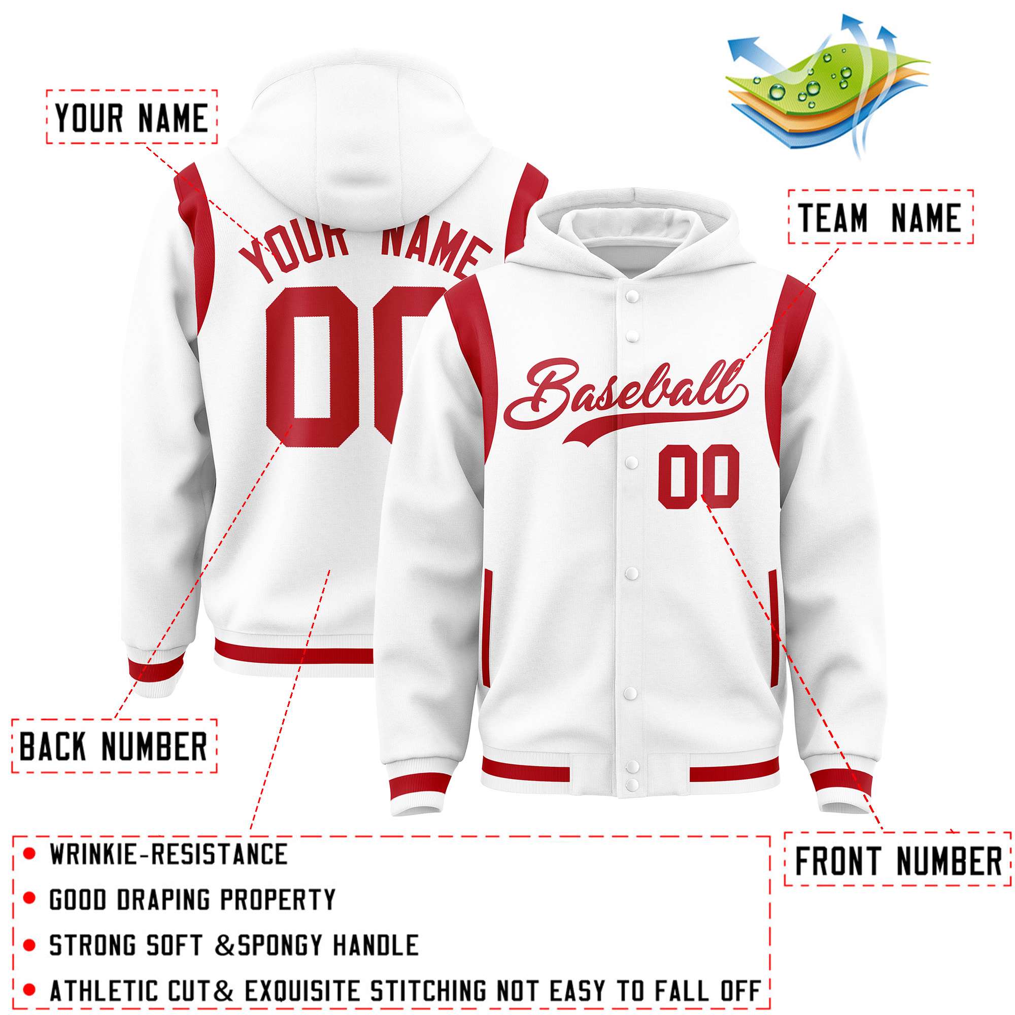 Custom White Red Varsity Full-Snap Letterman Shoulder Color Block Hoodie Jacket