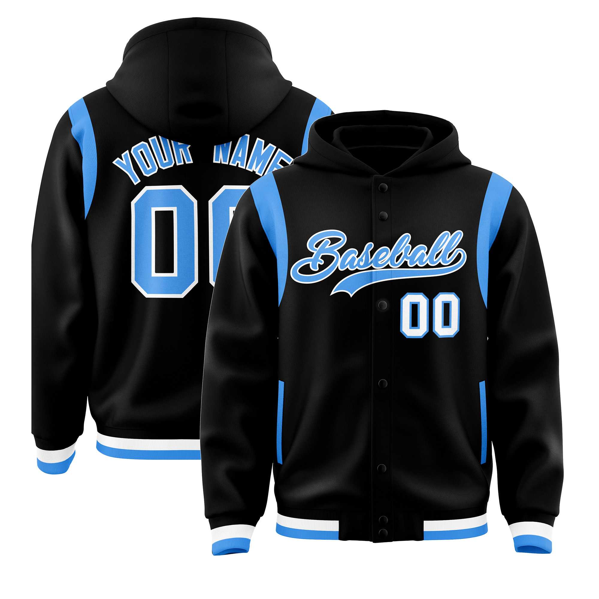 Custom Black Powder Blue Varsity Full-Snap Letterman Shoulder Color Block Hoodie Jacket