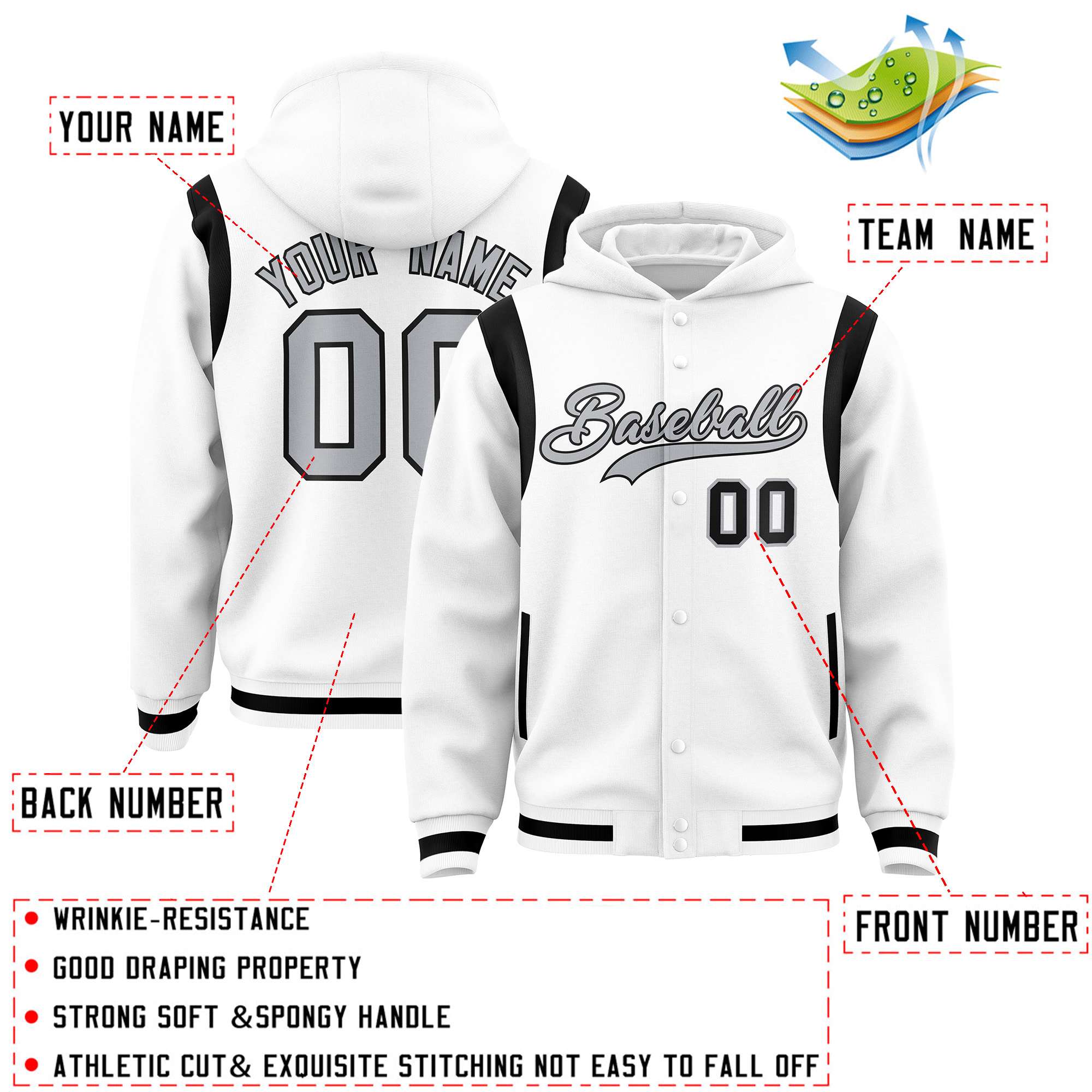 Custom White Silver Varsity Full-Snap Letterman Shoulder Color Block Hoodie Jacket