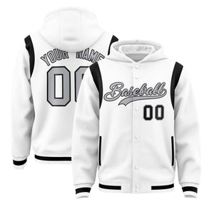 Custom White Silver Varsity Full-Snap Letterman Shoulder Color Block Hoodie Jacket