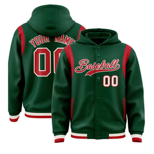 Custom Green Red Varsity Full-Snap Letterman Shoulder Color Block Hoodie Jacket