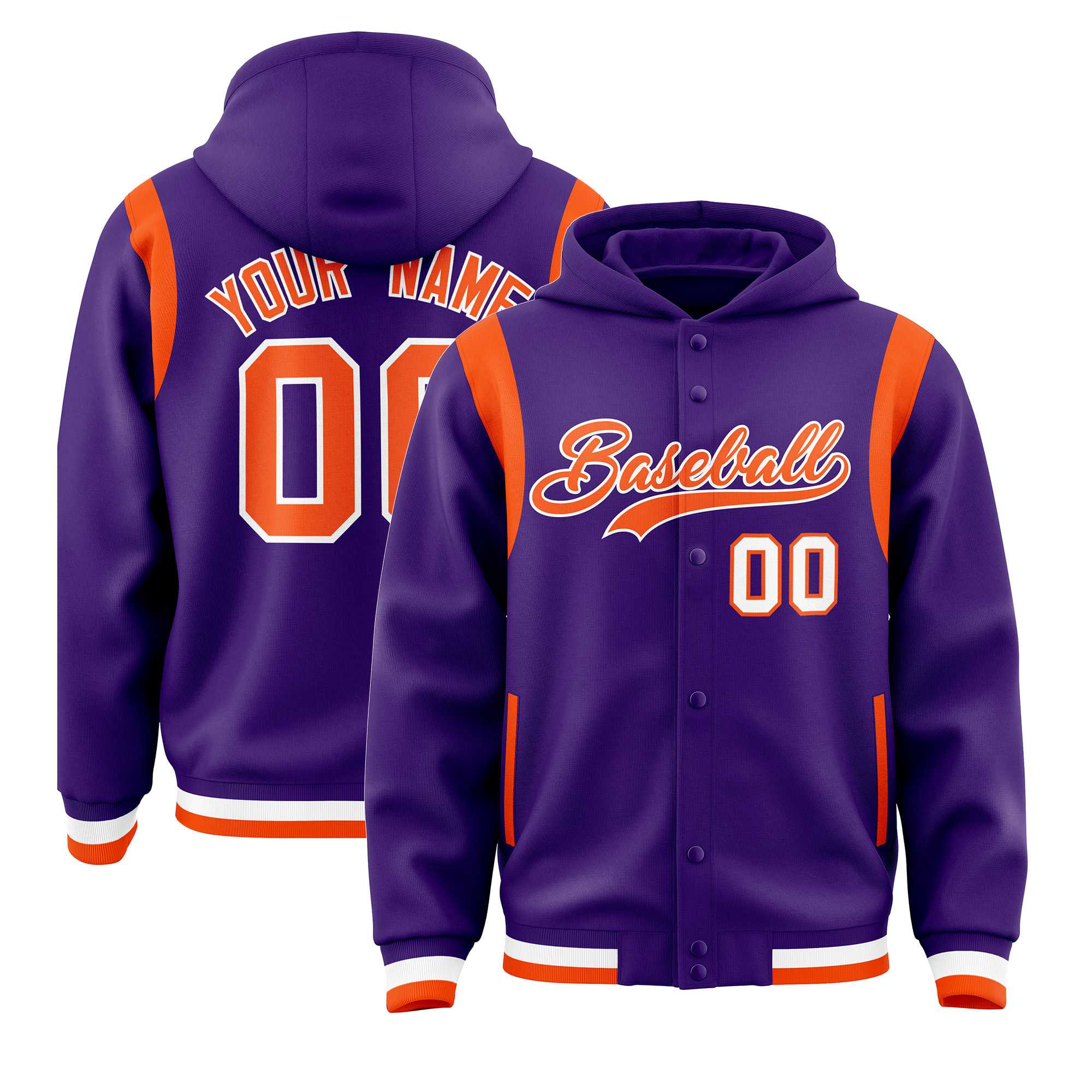 Custom Purple Orange Varsity Full-Snap Letterman Shoulder Color Block Hoodie Jacket