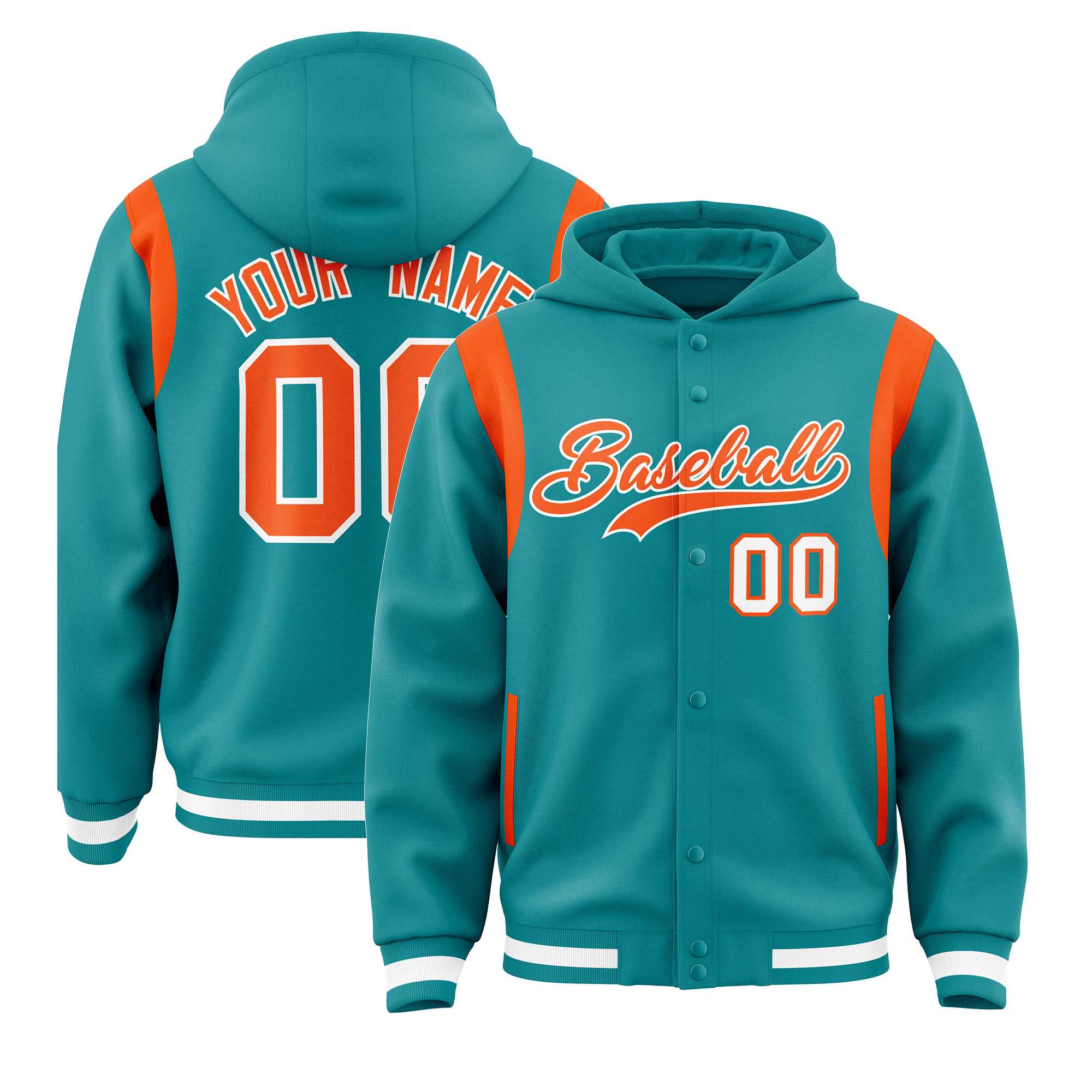 Custom Aqua Orange Varsity Full-Snap Letterman Shoulder Color Block Hoodie Jacket