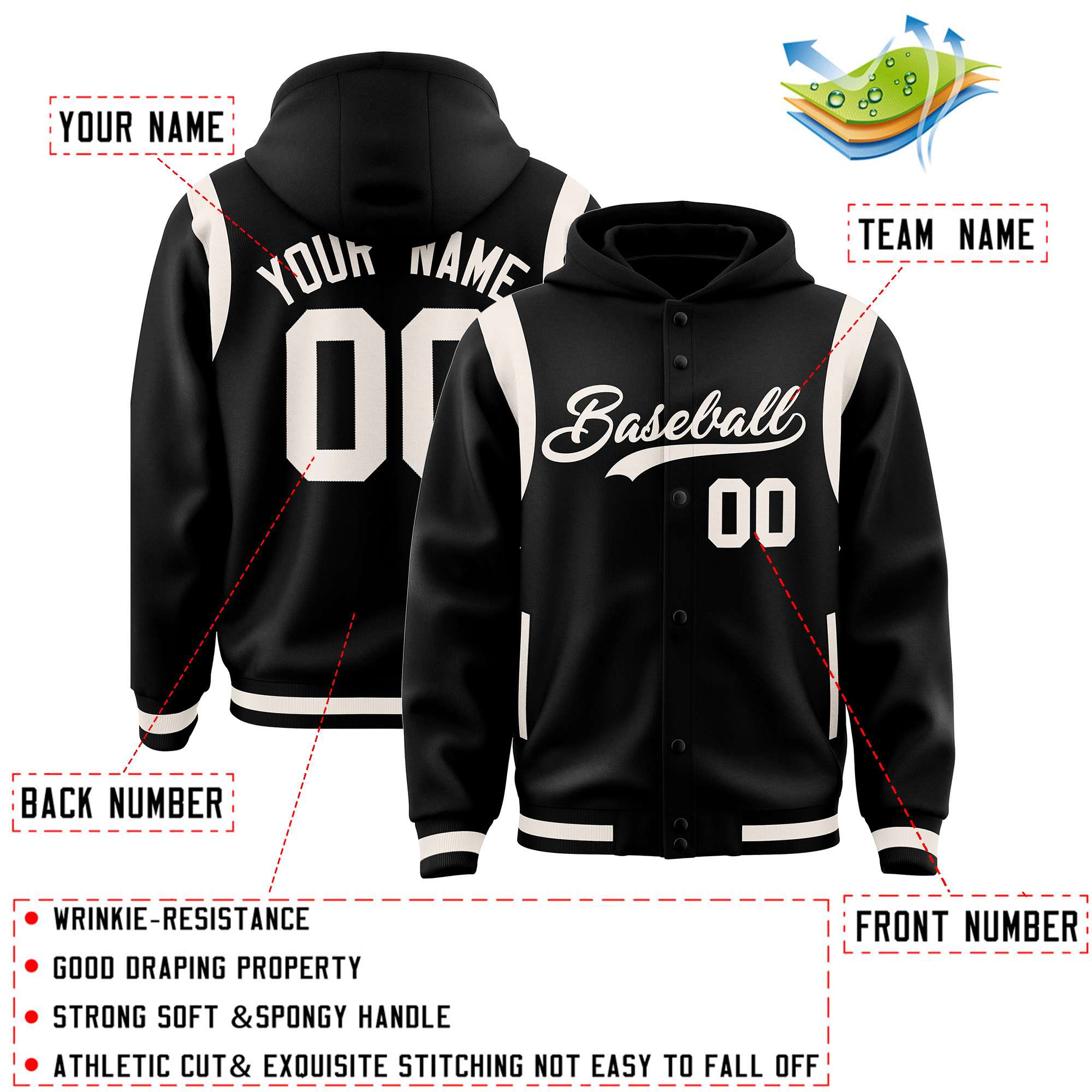 Custom Black Cream Varsity Full-Snap Letterman Shoulder Color Block Hoodie Jacket