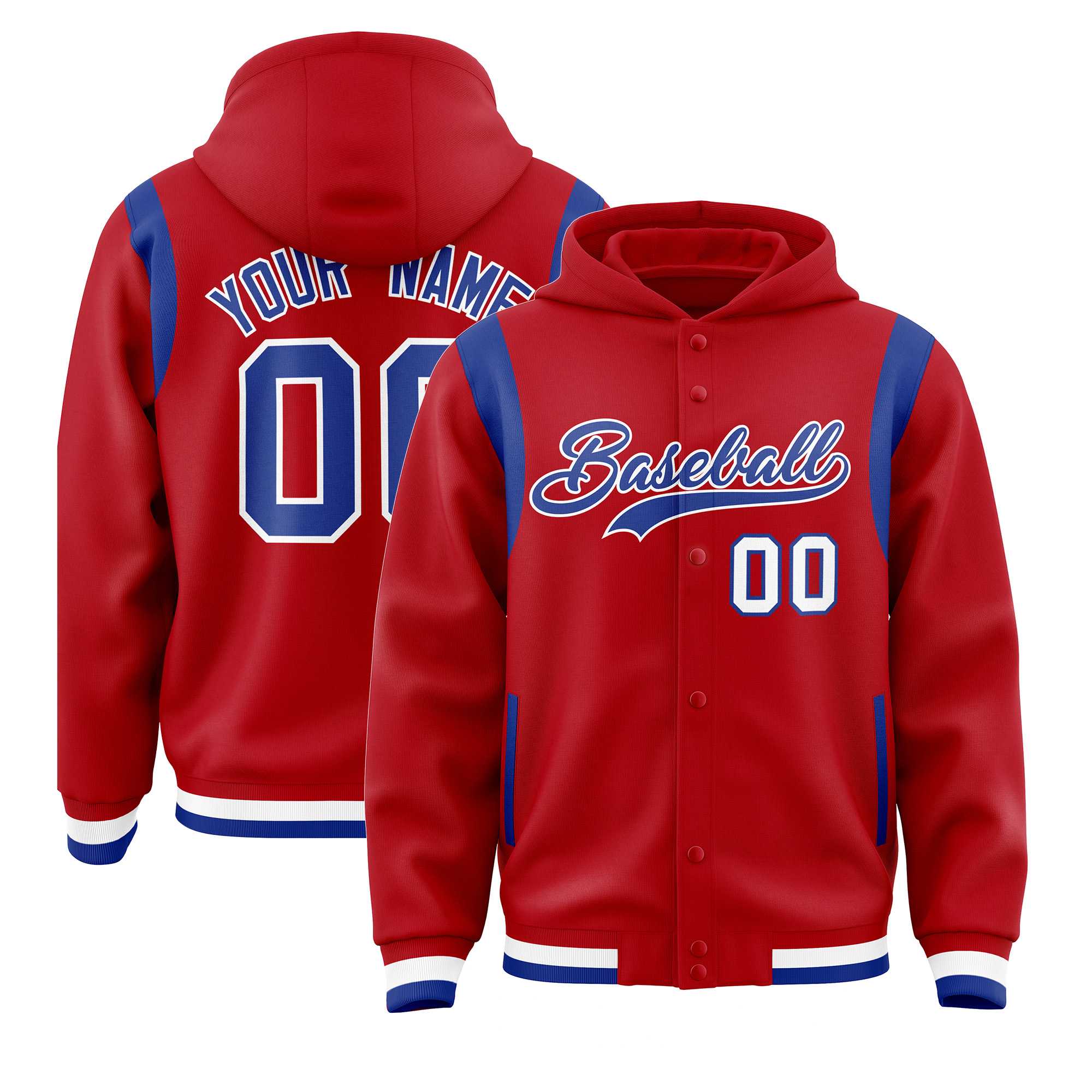 Custom Red Royal Varsity Full-Snap Letterman Shoulder Color Block Hoodie Jacket