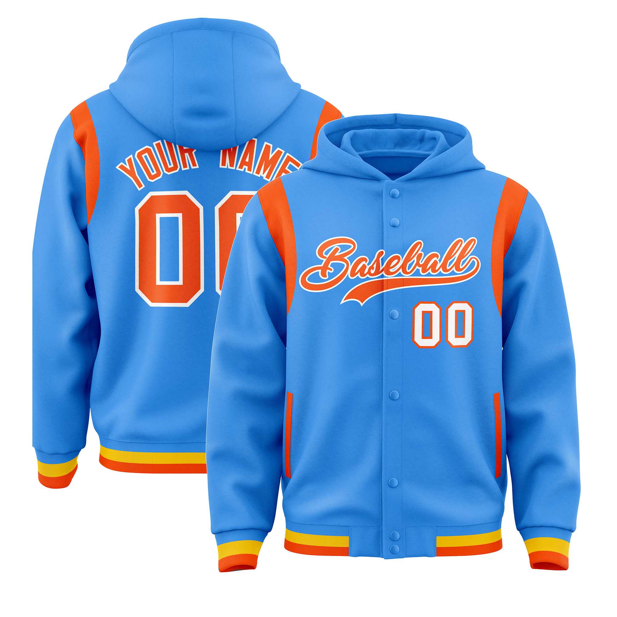 Custom Powder Blue Orange Varsity Full-Snap Letterman Shoulder Color Block Hoodie Jacket