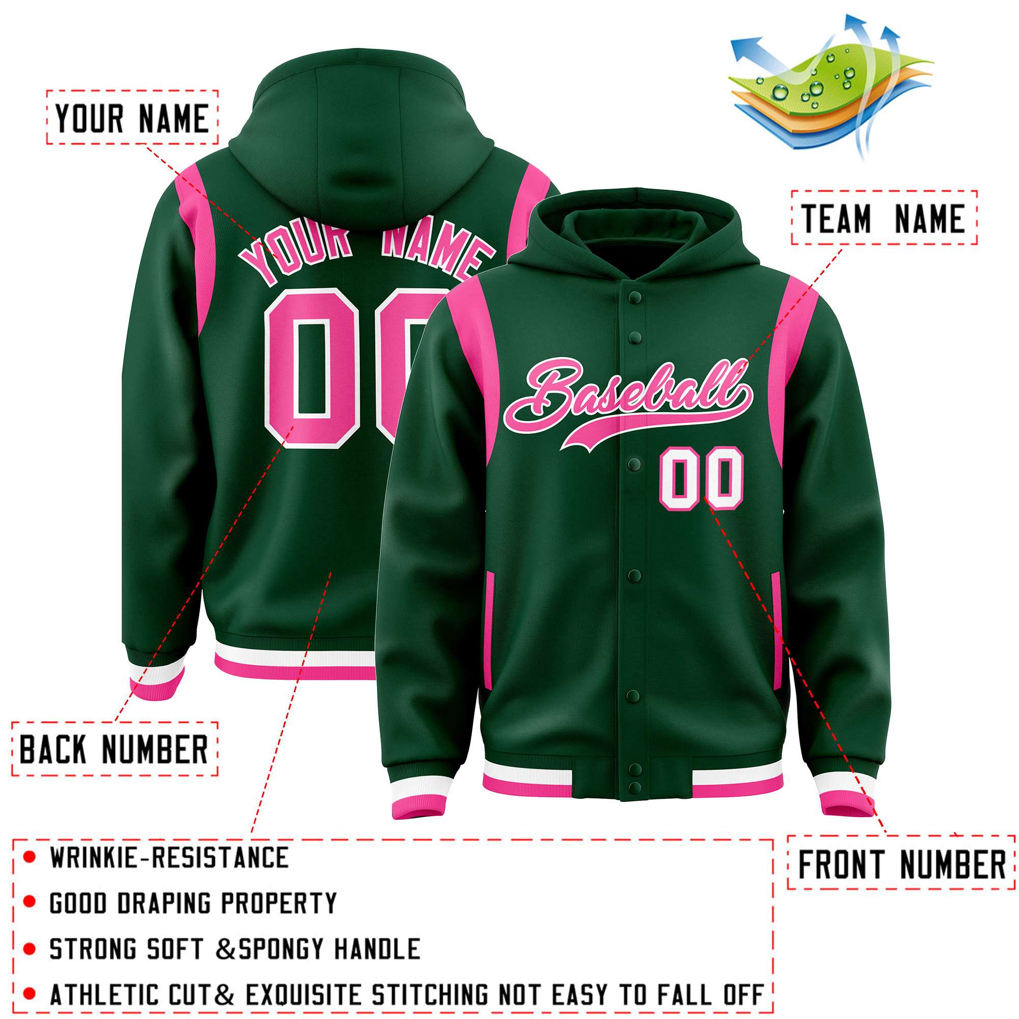 Custom Green Pink Varsity Full-Snap Letterman Shoulder Color Block Hoodie Jacket