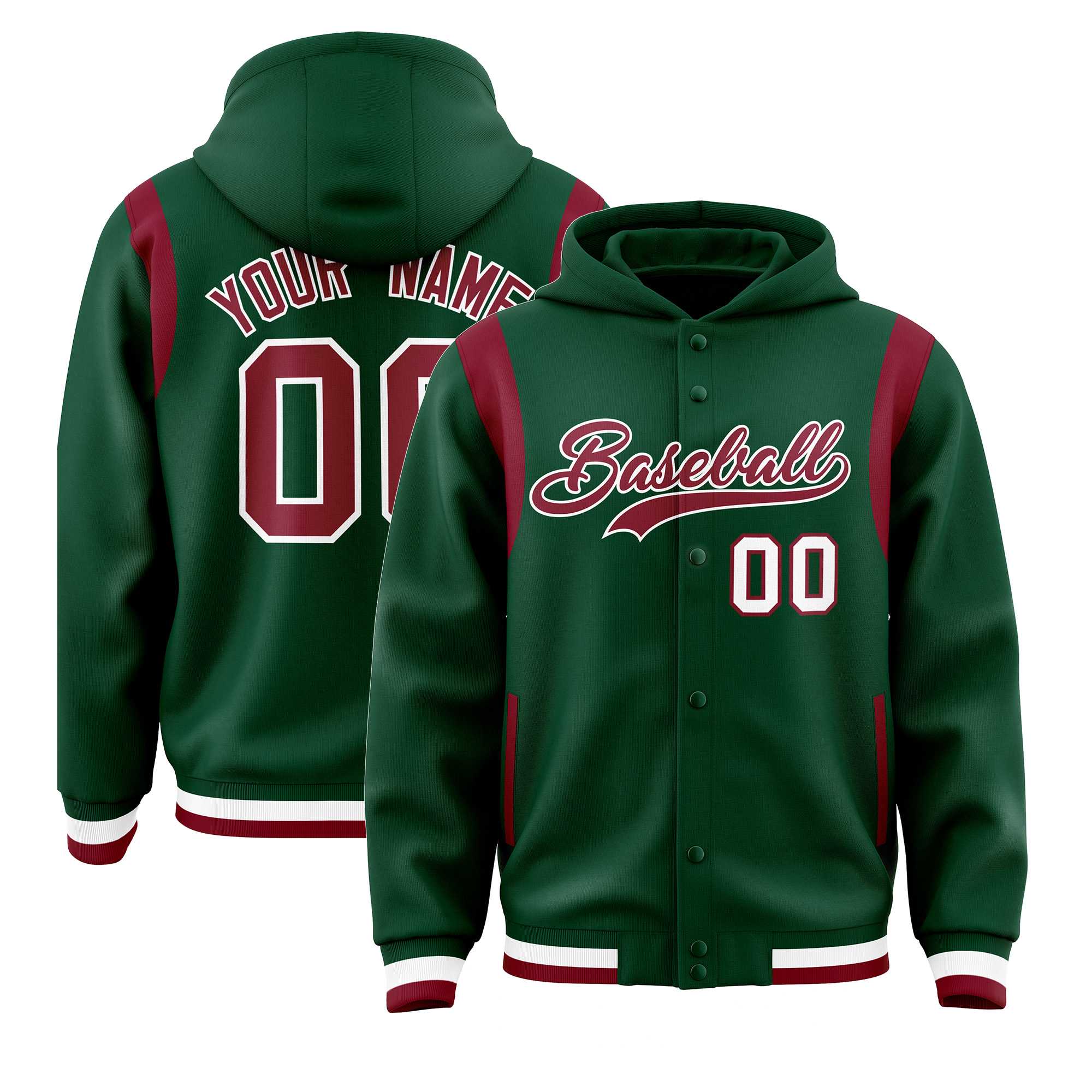 Custom Green Crimson Varsity Full-Snap Letterman Shoulder Color Block Hoodie Jacket