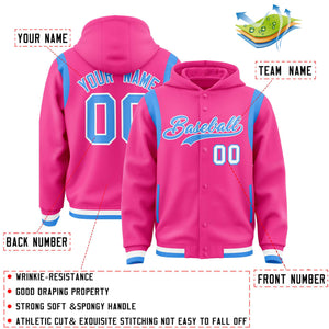 Custom Pink Powder Blue Varsity Full-Snap Letterman Shoulder Color Block Hoodie Jacket