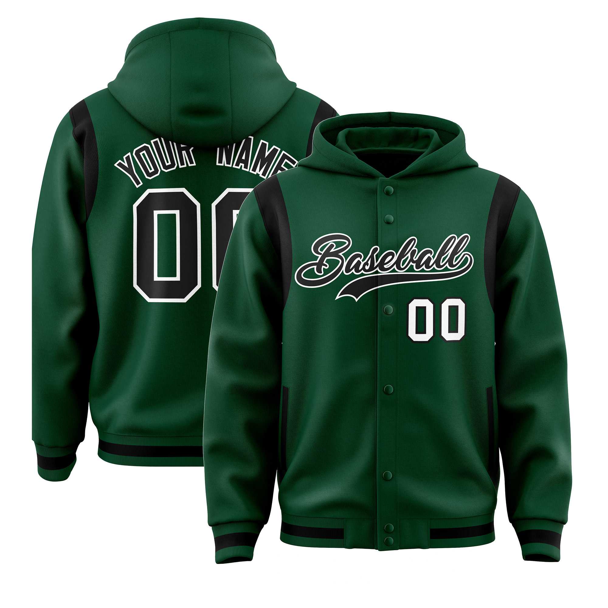 Custom Green Black Varsity Full-Snap Letterman Shoulder Color Block Hoodie Jacket