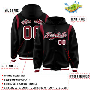 Custom Black Crimson Varsity Full-Snap Letterman Shoulder Color Block Hoodie Jacket