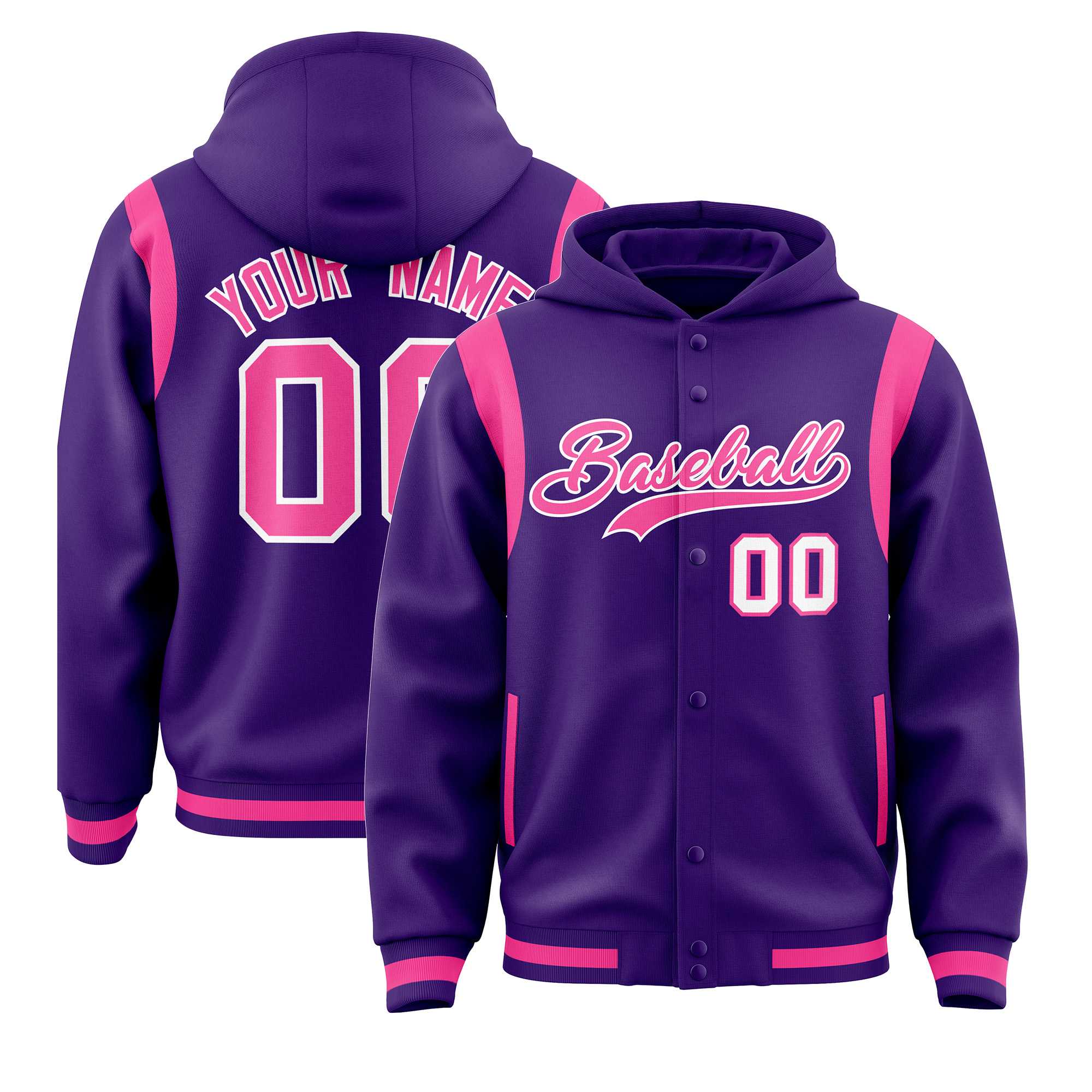 Custom Purple Pink Varsity Full-Snap Letterman Shoulder Color Block Hoodie Jacket