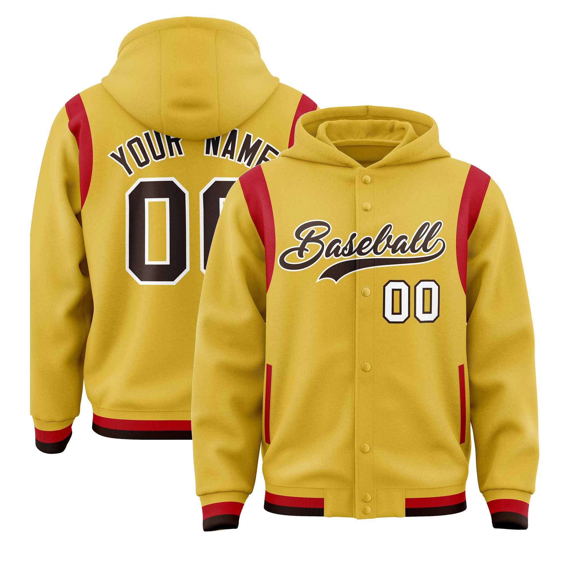 Custom Old Gold Brown Varsity Full-Snap Letterman Shoulder Color Block Hoodie Jacket