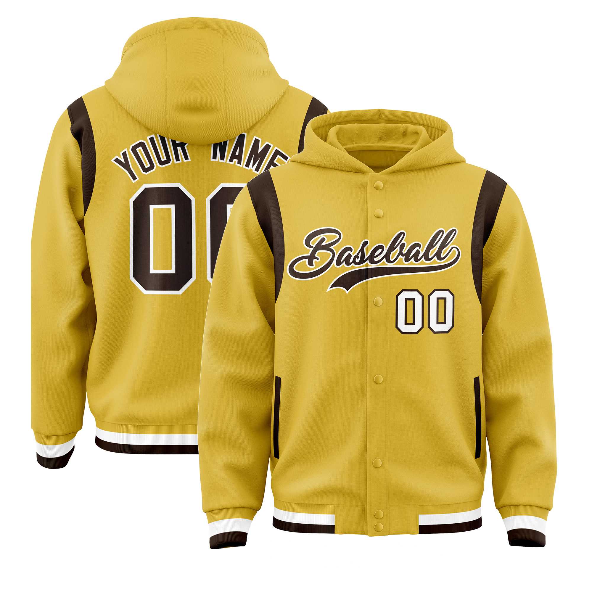 Custom Old Gold Brown Varsity Full-Snap Letterman Shoulder Color Block Hoodie Jacket