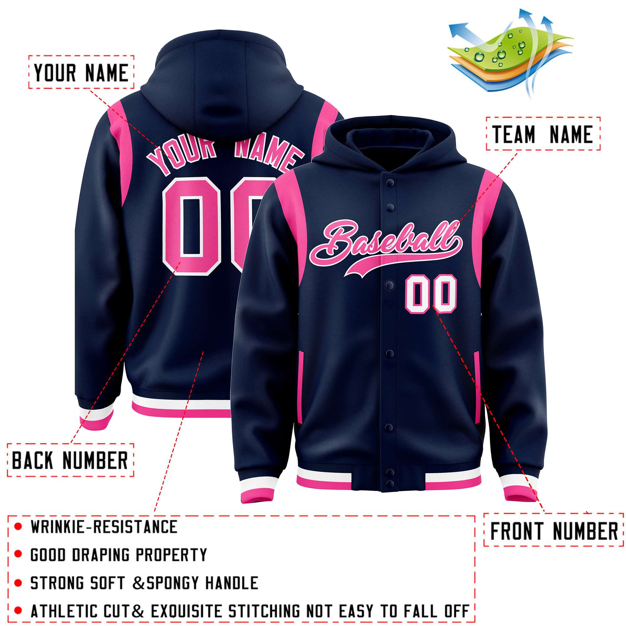 Custom Navy Pink Varsity Full-Snap Letterman Shoulder Color Block Hoodie Jacket