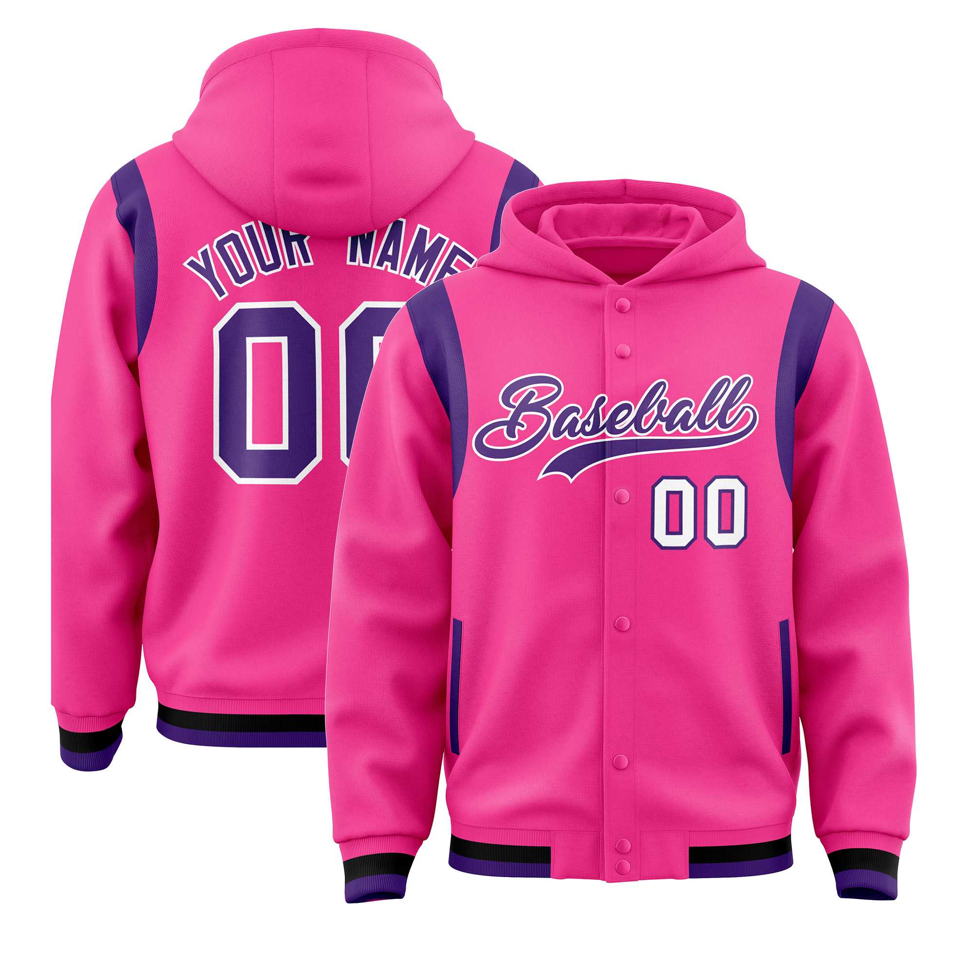 Custom Pink Purple Varsity Full-Snap Letterman Shoulder Color Block Hoodie Jacket