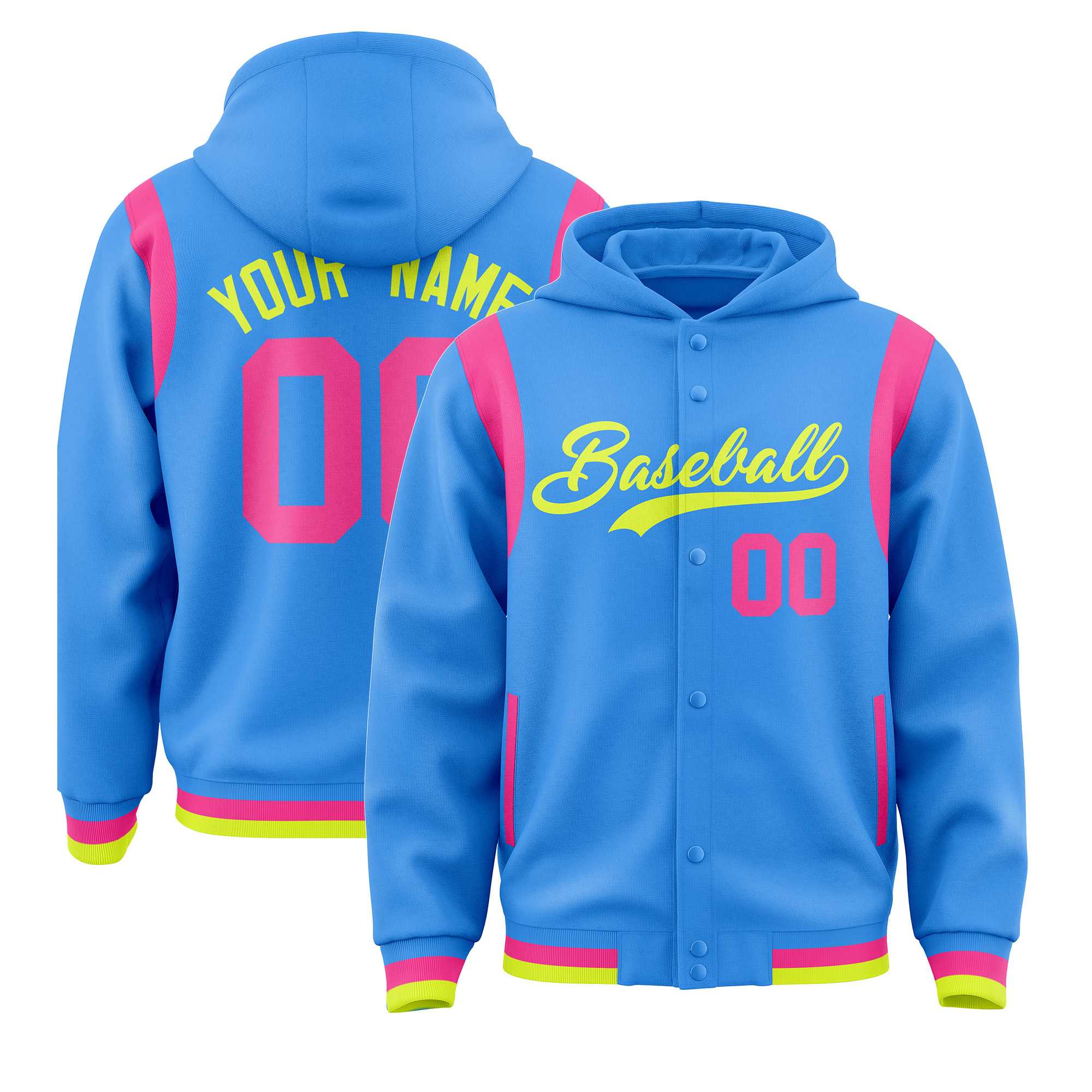 Custom Powder Blue Fluorescent Green Varsity Full-Snap Letterman Shoulder Color Block Hoodie Jacket