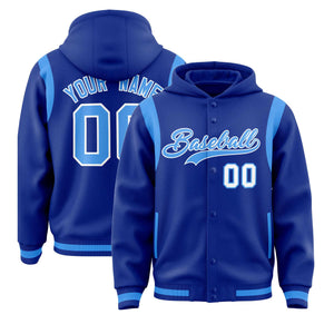 Custom Royal Powder Blue Varsity Full-Snap Letterman Shoulder Color Block Hoodie Jacket