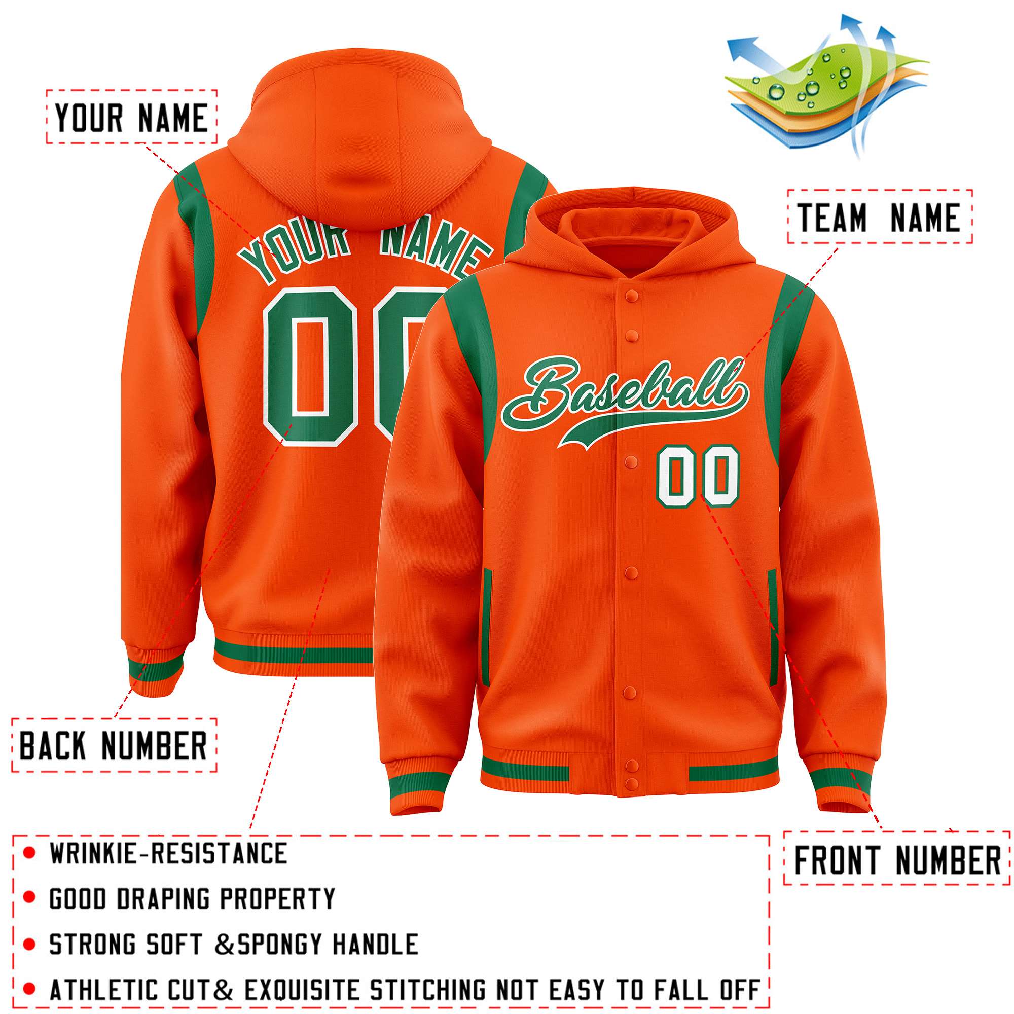 Custom Orange Kelly Green Varsity Full-Snap Letterman Shoulder Color Block Hoodie Jacket