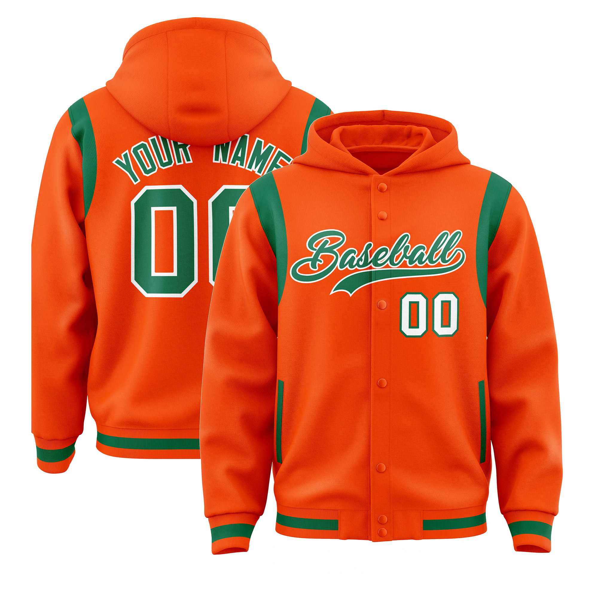 Custom Orange Kelly Green Varsity Full-Snap Letterman Shoulder Color Block Hoodie Jacket