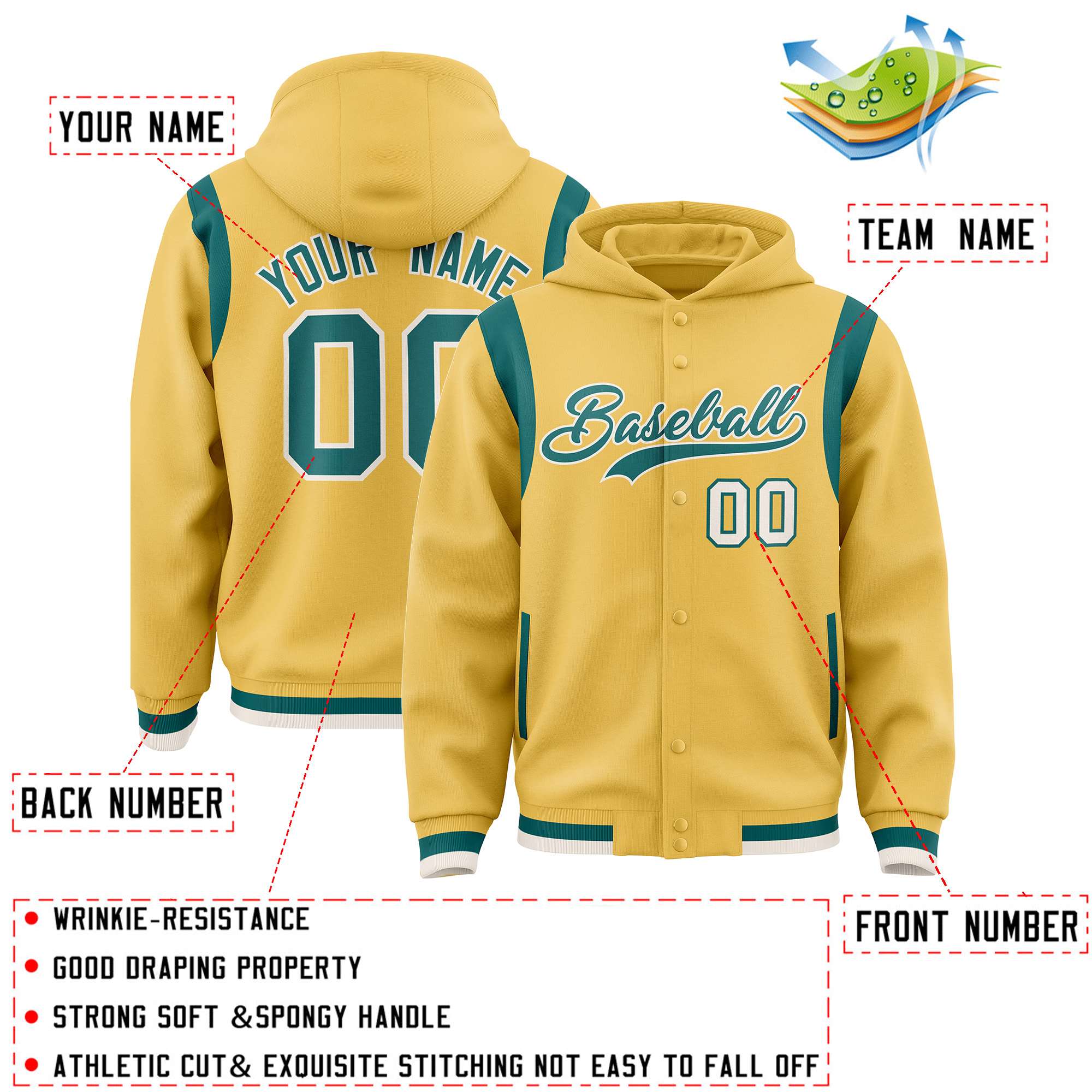 Custom Khaki Aqua Varsity Full-Snap Letterman Shoulder Color Block Hoodie Jacket