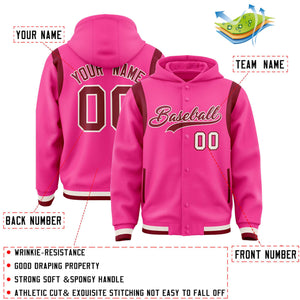 Custom Pink Crimson Varsity Full-Snap Letterman Shoulder Color Block Hoodie Jacket