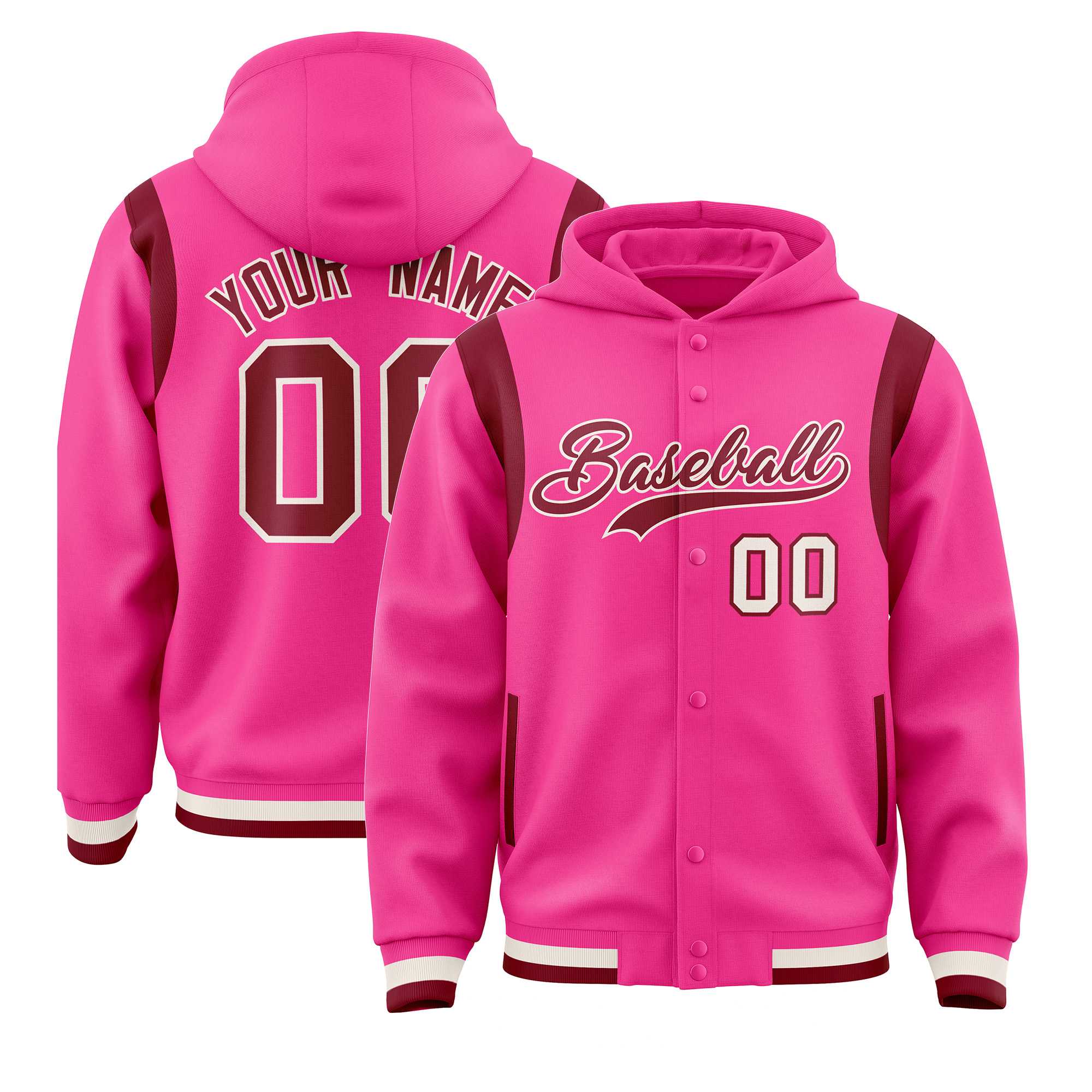 Custom Pink Crimson Varsity Full-Snap Letterman Shoulder Color Block Hoodie Jacket