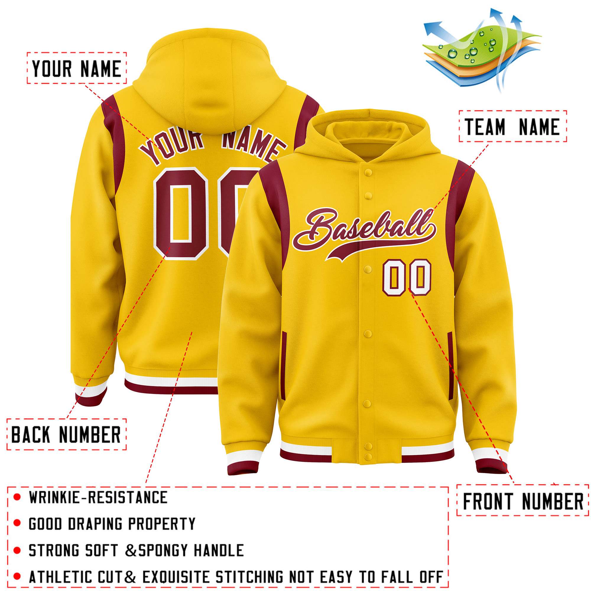 Custom Gold Crimson Varsity Full-Snap Letterman Shoulder Color Block Hoodie Jacket