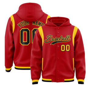 Custom Red Black Varsity Full-Snap Letterman Shoulder Color Block Hoodie Jacket