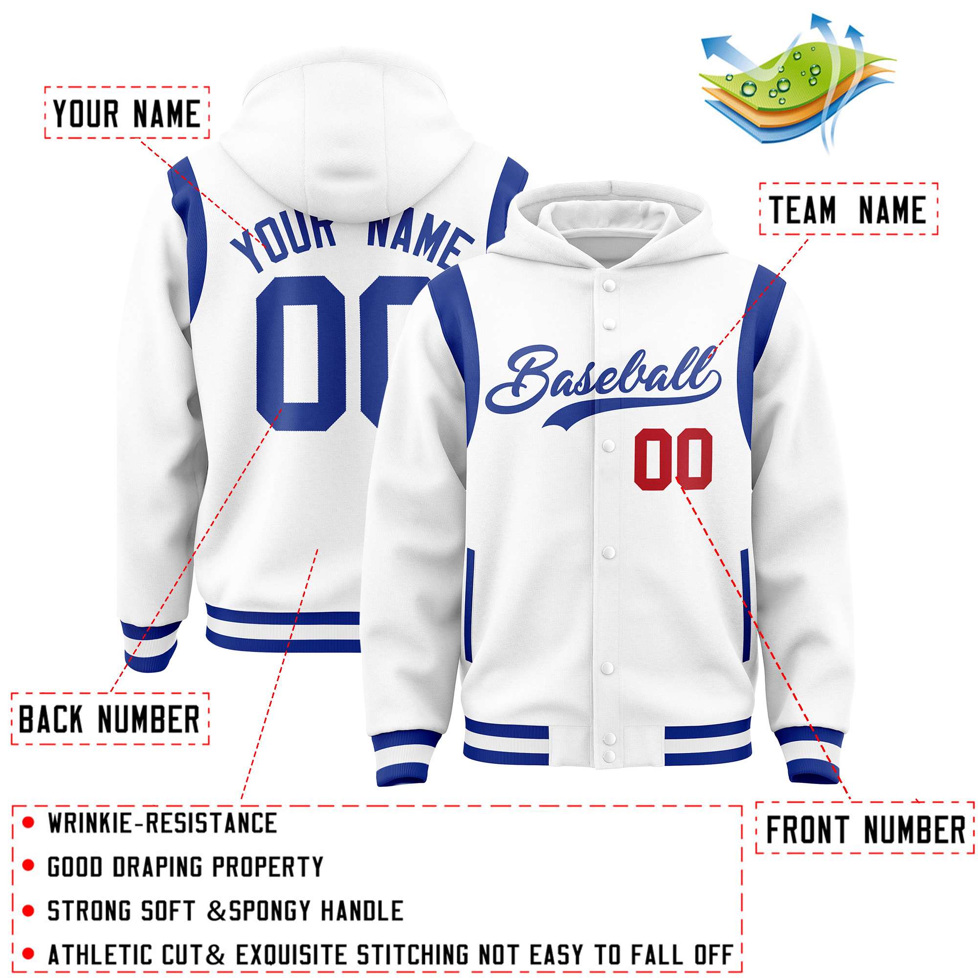 Custom White Royal Varsity Full-Snap Letterman Shoulder Color Block Hoodie Jacket