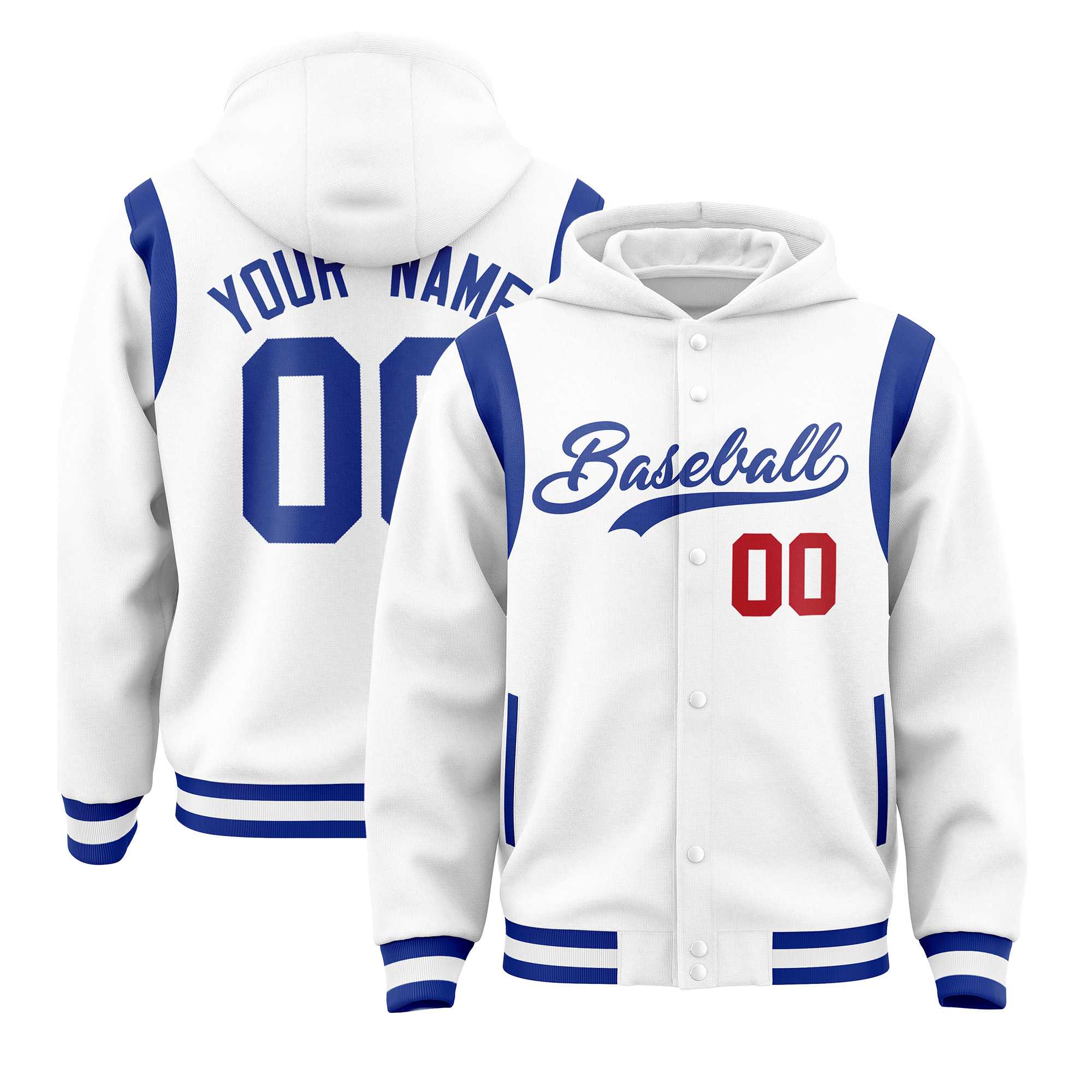 Custom White Royal Varsity Full-Snap Letterman Shoulder Color Block Hoodie Jacket