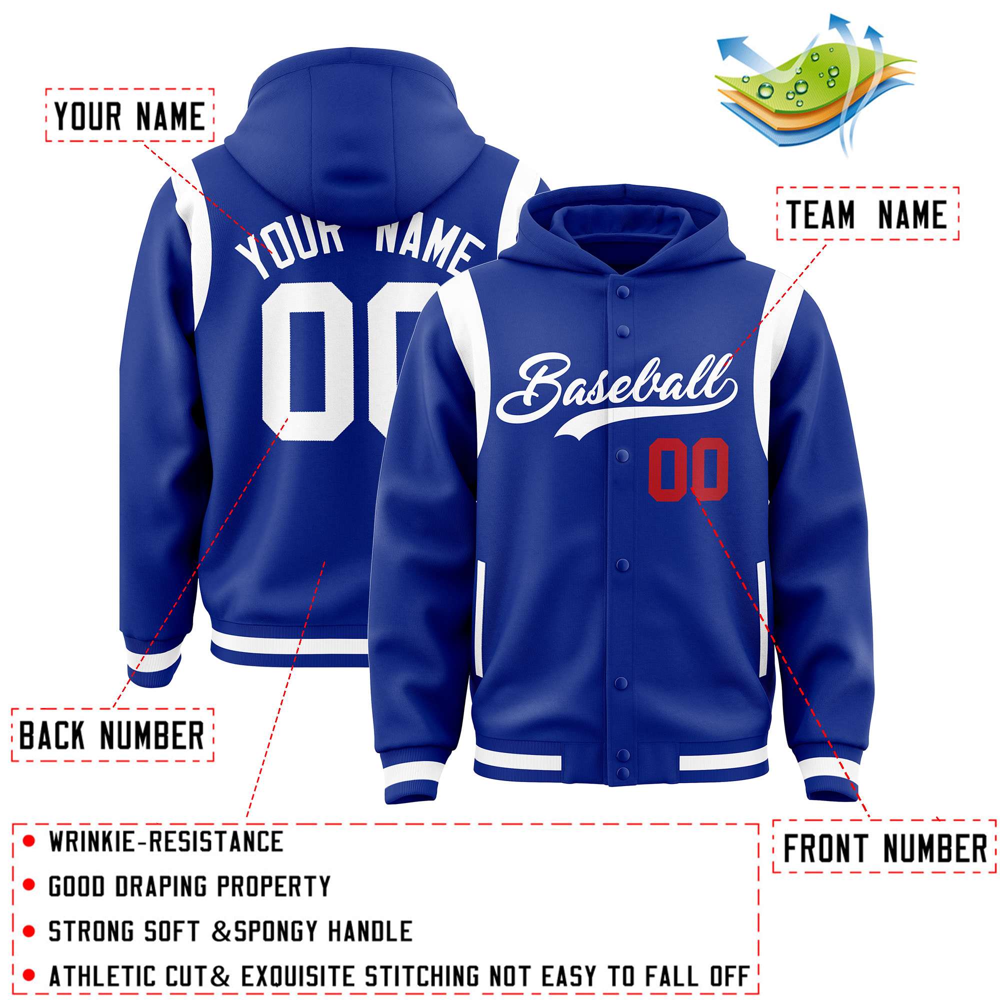 Custom Royal White Varsity Full-Snap Letterman Shoulder Color Block Hoodie Jacket