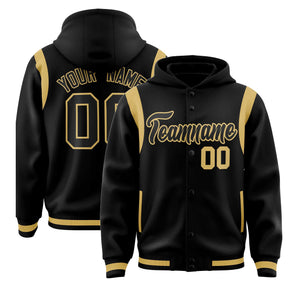 Custom Black Black Varsity Full-Snap Letterman Shoulder Color Block Hoodie Jacket