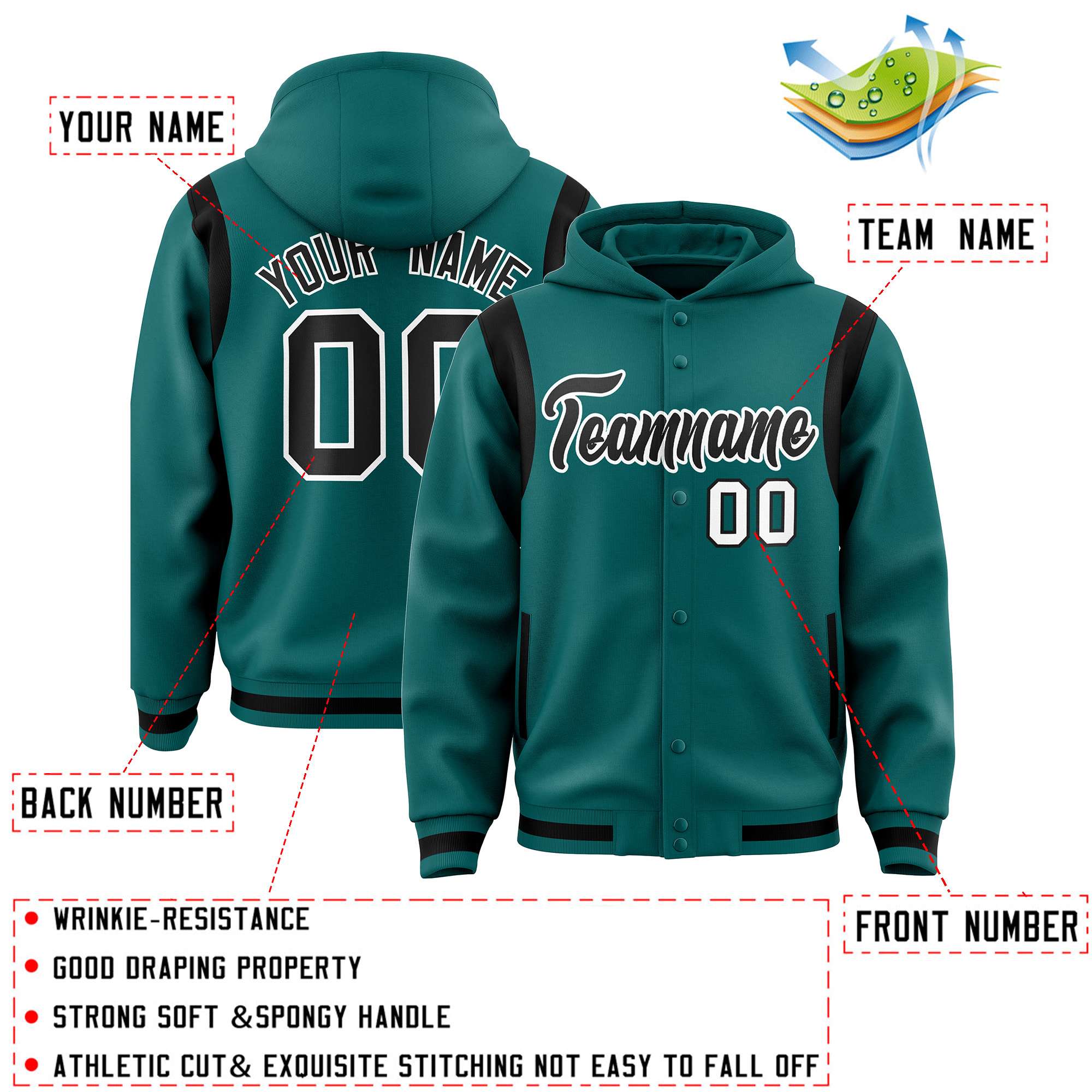 Custom Aqua Black Varsity Full-Snap Letterman Shoulder Color Block Hoodie Jacket