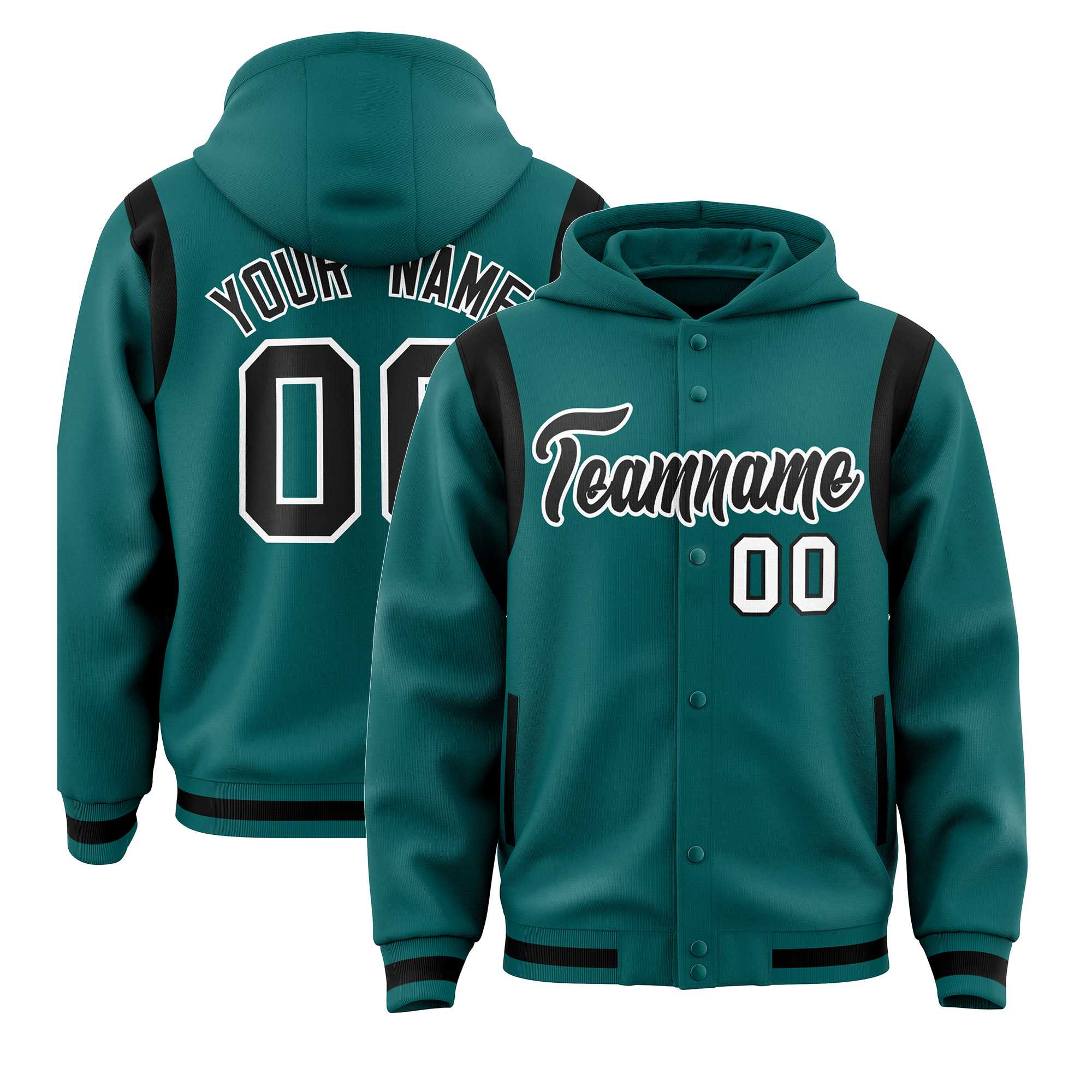 Custom Aqua Black Varsity Full-Snap Letterman Shoulder Color Block Hoodie Jacket