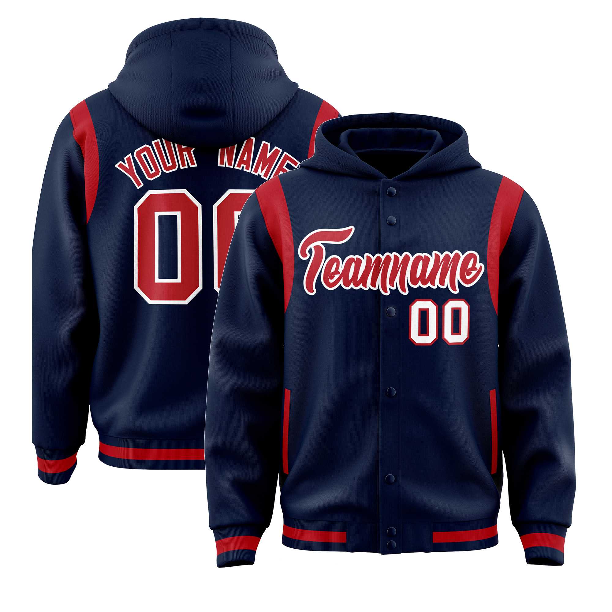 Custom Navy Red Varsity Full-Snap Letterman Shoulder Color Block Hoodie Jacket