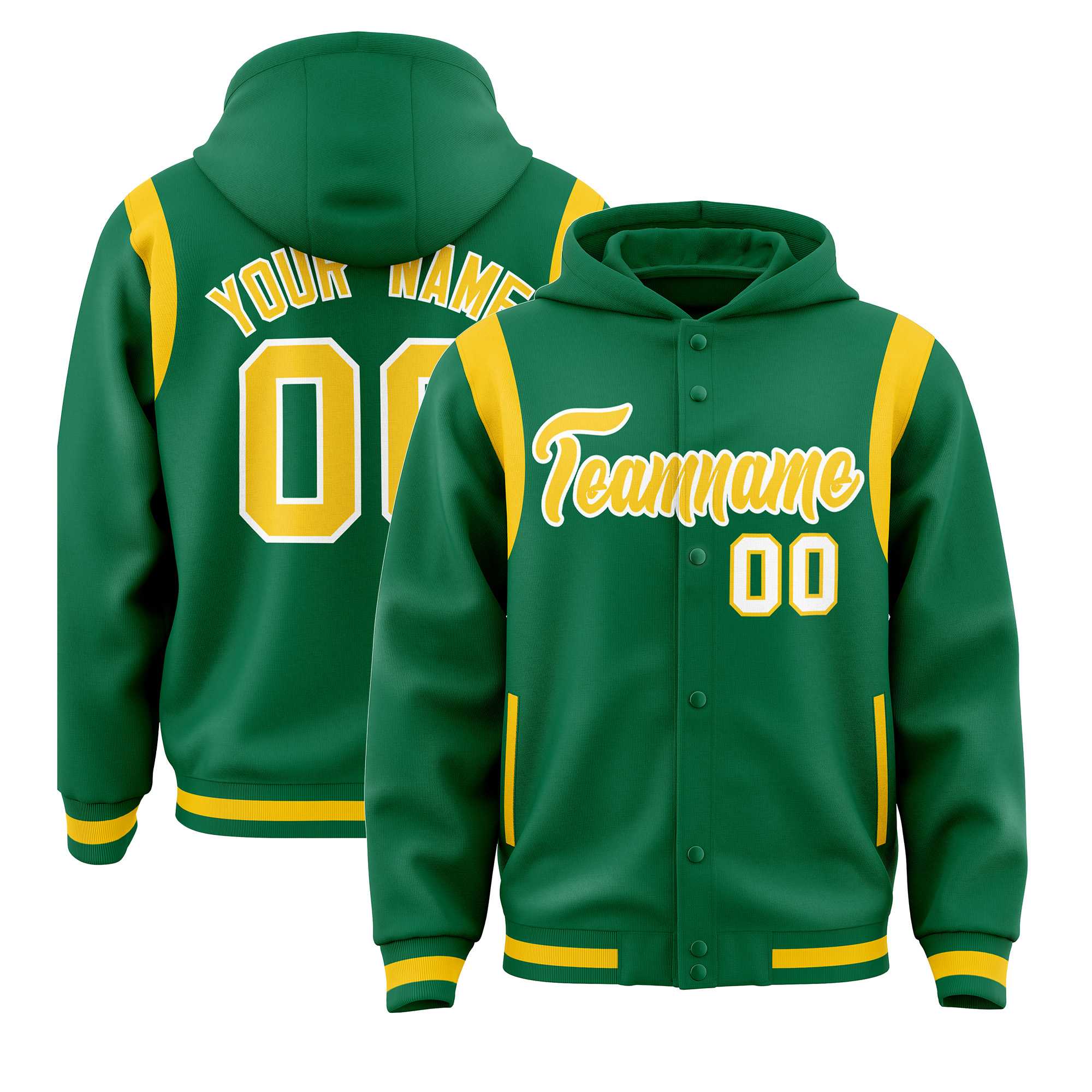 Custom Kelly Green Gold Varsity Full-Snap Letterman Shoulder Color Block Hoodie Jacket