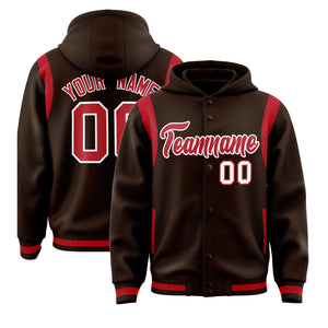 Custom Brown Red Varsity Full-Snap Letterman Shoulder Color Block Hoodie Jacket