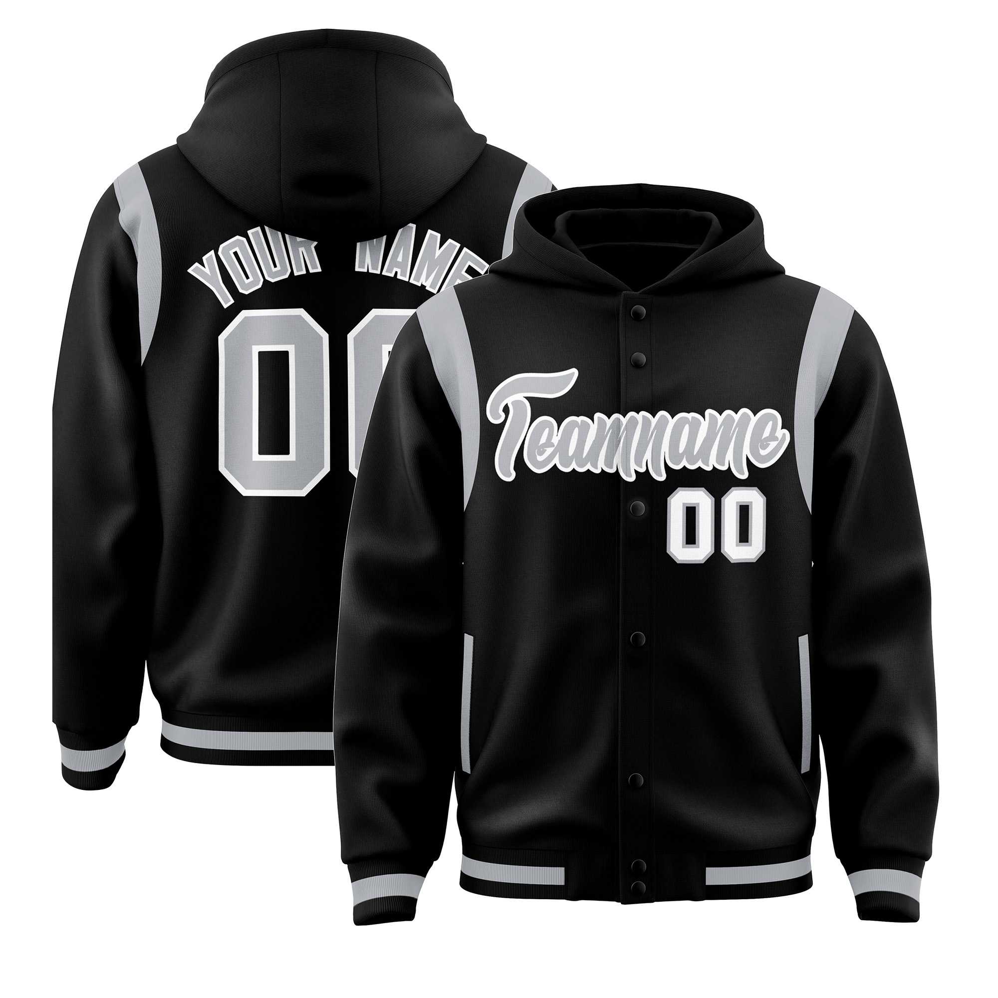 Custom Black Silver Varsity Full-Snap Letterman Shoulder Color Block Hoodie Jacket