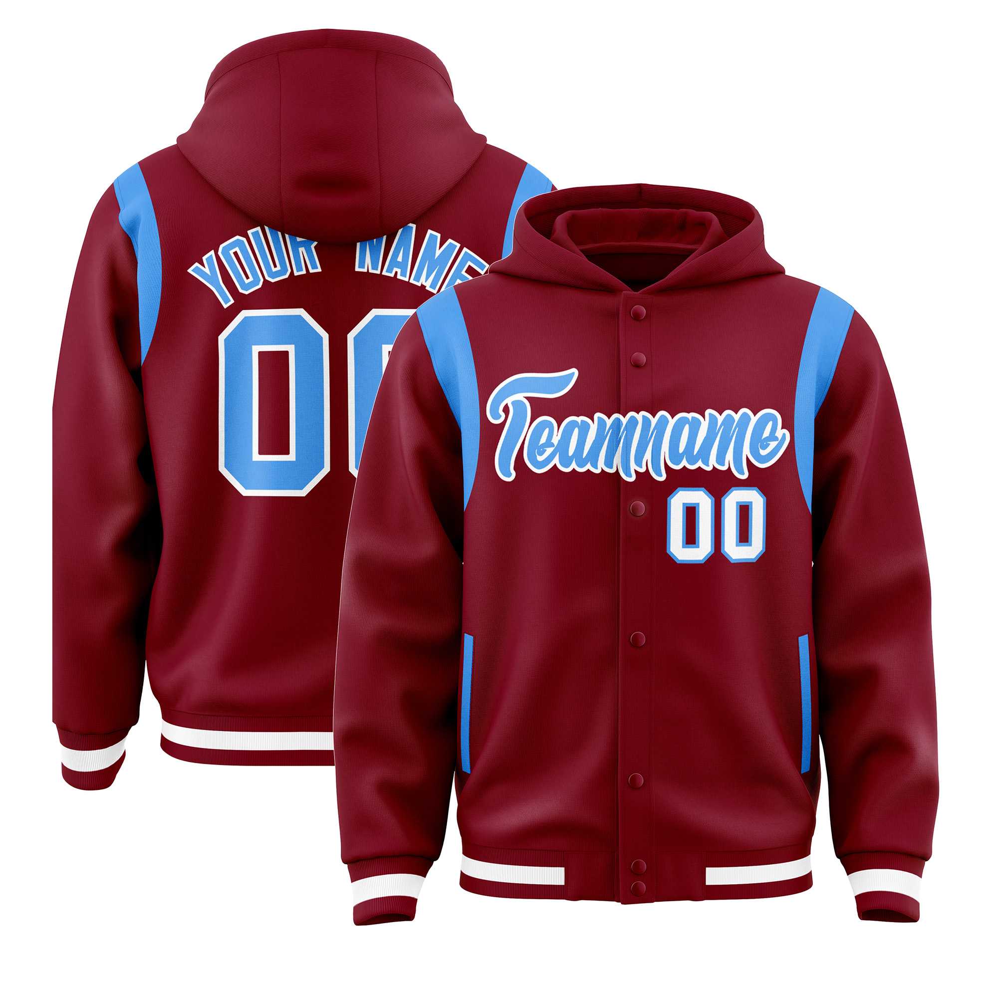 Custom Crimson Powder Blue Varsity Full-Snap Letterman Shoulder Color Block Hoodie Jacket