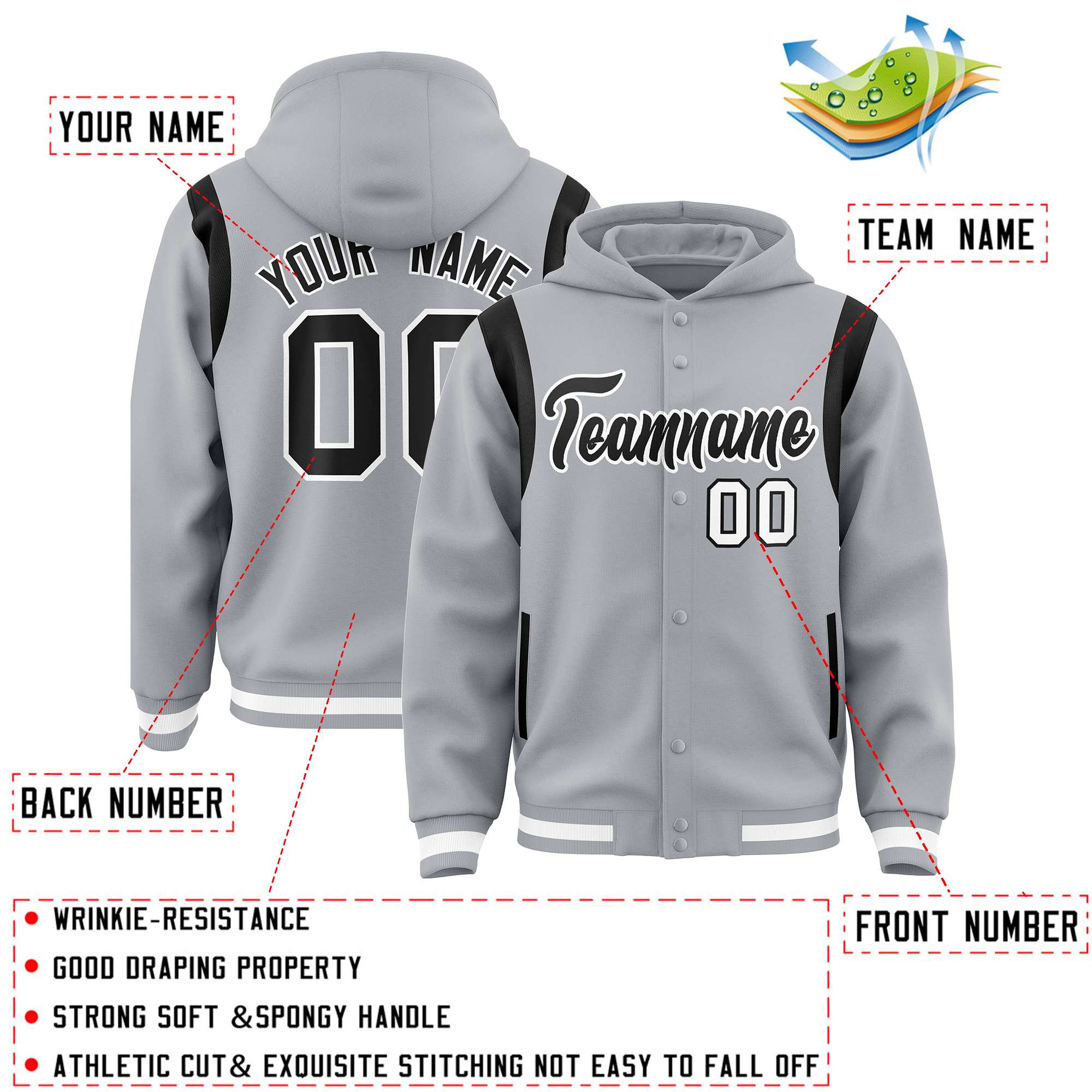 Custom Silver Black Varsity Full-Snap Letterman Shoulder Color Block Hoodie Jacket