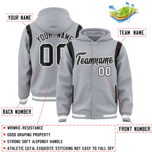 Custom Silver Black Varsity Full-Snap Letterman Shoulder Color Block Hoodie Jacket