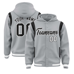 Custom Silver Black Varsity Full-Snap Letterman Shoulder Color Block Hoodie Jacket